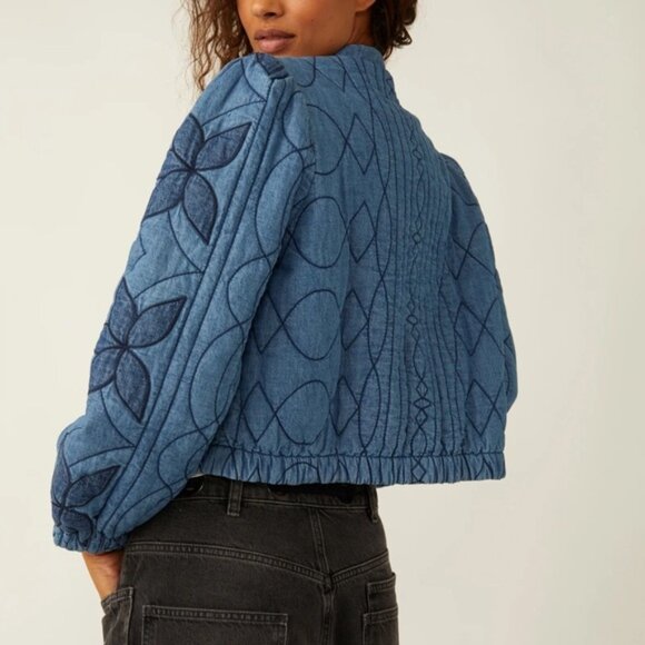 NEW FREE PEOPLE Stars Jacket Blue Quinn Boho Style Puffy Soft Quilted Jacket - Picture 5 of 11